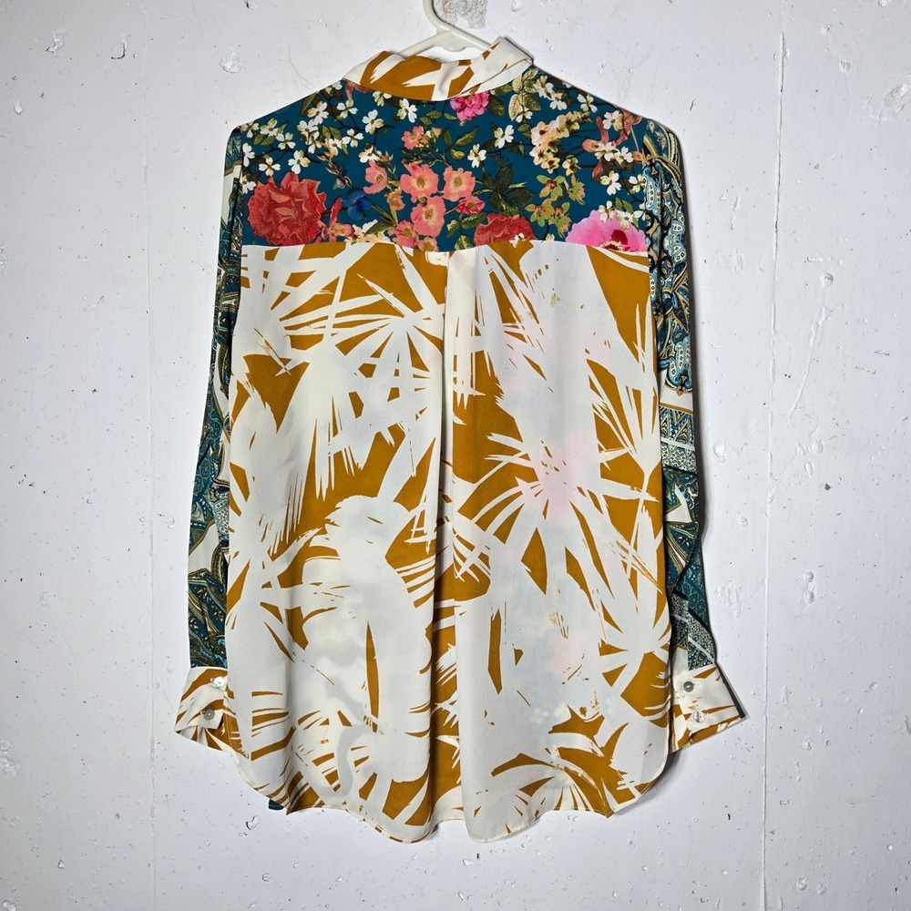 Rose + Olive Mixed Print Floral Paisley Button Top Small Abstract Boho Patchwork - Picture 2 of 11